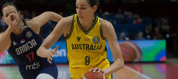 SYDNEY, AUSTRALIA - SEPTEMBER 25: Australia's Bec Allen during the 2022 FIBA Women's Basketball World Cup Group B match between Australia and Serbia at Sydney Superdome, on September 25, 2022