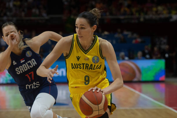 SYDNEY, AUSTRALIA - SEPTEMBER 25: Australia's Bec Allen during the 2022 FIBA Women's Basketball World Cup Group B match between Australia and Serbia at Sydney Superdome, on September 25, 2022