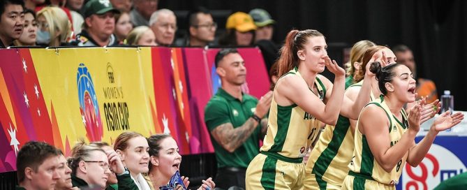 Australia Bench Celebrated Point Against New Zealand, FIBA Women's Asia Cup Tournament 2023, 3rd Place Decider Match Link: https://www.fiba.basketball/womensasiacup/2023/All-game-photos/#iset=0cd10016-0768-4cf7-bf3d-fdf0a2ef1765&iid=03836e15-5a92-4755-acba-f7bcf7675267