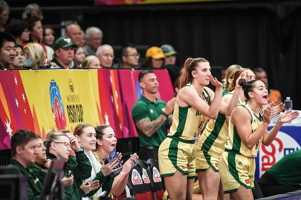 Australia Bench Celebrated Point Against New Zealand, FIBA Women's Asia Cup Tournament 2023, 3rd Place Decider Match Link: https://www.fiba.basketball/womensasiacup/2023/All-game-photos/#iset=0cd10016-0768-4cf7-bf3d-fdf0a2ef1765&iid=03836e15-5a92-4755-acba-f7bcf7675267