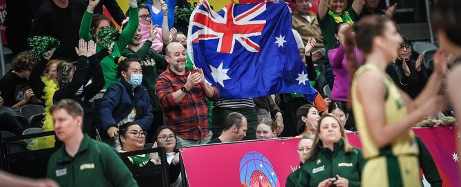 Happy Australian crowds after Beating Korea with a massive margin of 91-64 in the qualification of the semi-finals of the FIBA Women's Asia Cup 2023, Aus vs Korea Link: https://www.fiba.basketball/womensasiacup/2023/All-game-photos/#iset=0cd10016-0768-4cf7-bf3d-fdf0a2ef1765&iid=6de8c51b-33a0-46c8-944f-b4a72832236e