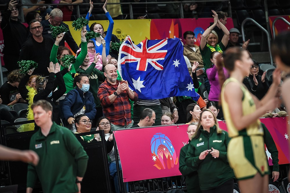 Happy Australian crowds after Beating Korea with a massive margin of 91-64 in the qualification of the semi-finals of the FIBA Women's Asia Cup 2023, Aus vs Korea Link: https://www.fiba.basketball/womensasiacup/2023/All-game-photos/#iset=0cd10016-0768-4cf7-bf3d-fdf0a2ef1765&iid=6de8c51b-33a0-46c8-944f-b4a72832236e