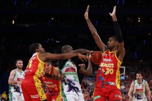 Perth Wildcats player Alexandre Sarr blocks Milton Doyle of the JackJumpers during the round 11 NBL clash at RAC Arena, on December 15, 2023, in Perth, Australia. 