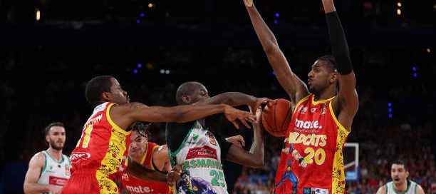 Perth Wildcats player Alexandre Sarr blocks Milton Doyle of the JackJumpers during the round 11 NBL clash at RAC Arena, on December 15, 2023, in Perth, Australia.