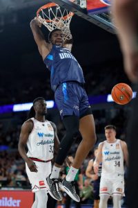 Ariel Hukporti of Melbourne United dunks during the round 11 NBL match against Adelaide 36ers at John Cain Arena, on December 16, 2023, in Melbourne, Australia. 