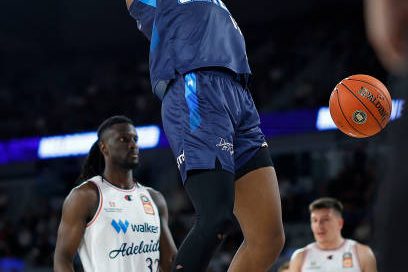 Ariel Hukporti of Melbourne United dunks during the round 11 NBL match against Adelaide 36ers at John Cain Arena, on December 16, 2023, in Melbourne, Australia.