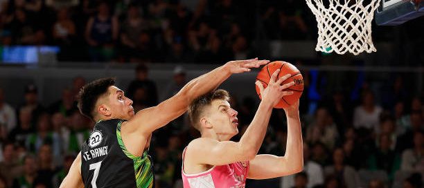 Mantas Rubstavicius of the Breakers against Reuben Te Rangi of the Phoenix in a past NBL game at John Cain Arena, on December 02, 2023, in Melbourne, Australia.